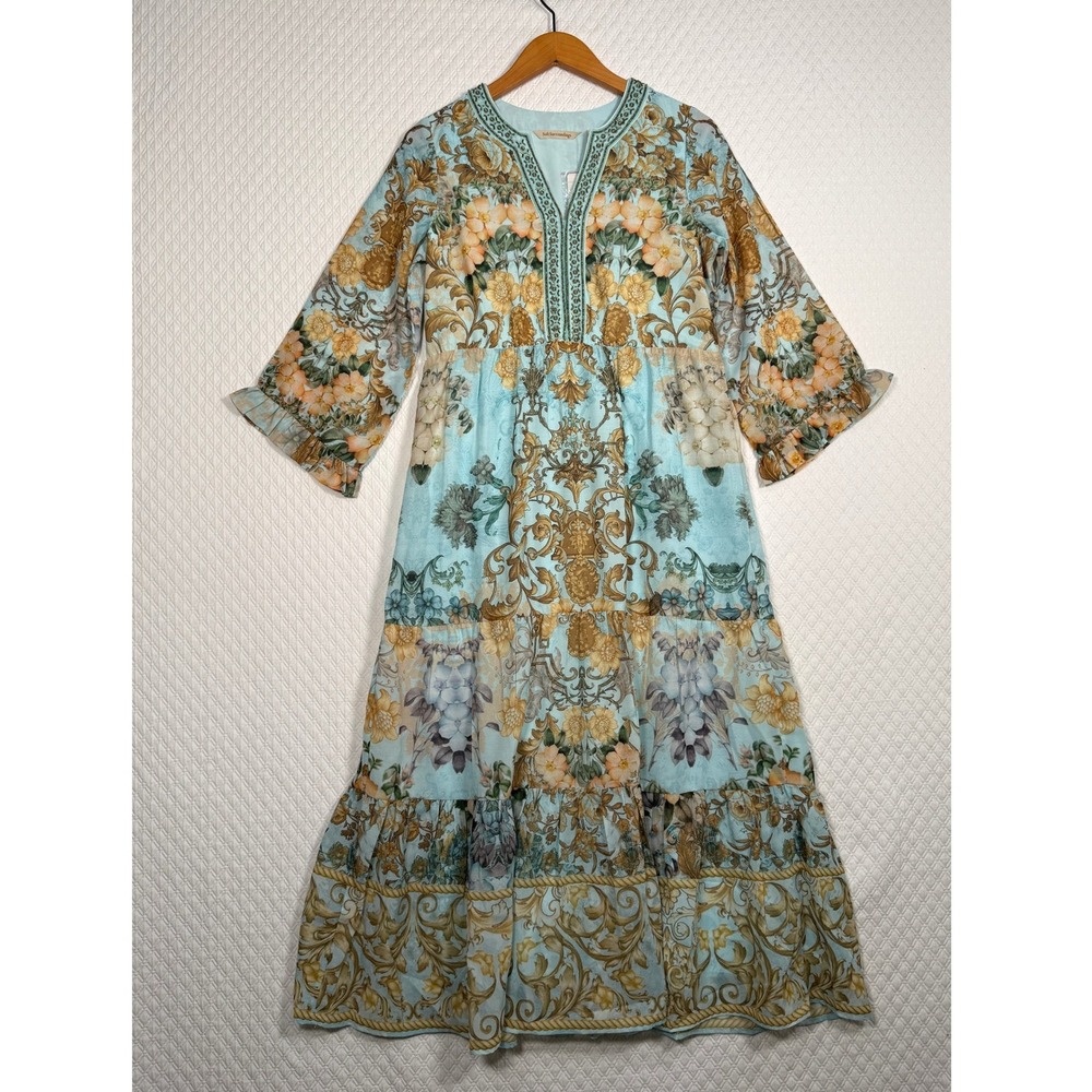 Soft Surroundings Aqua Blue and Gold Floral Maxi Dress